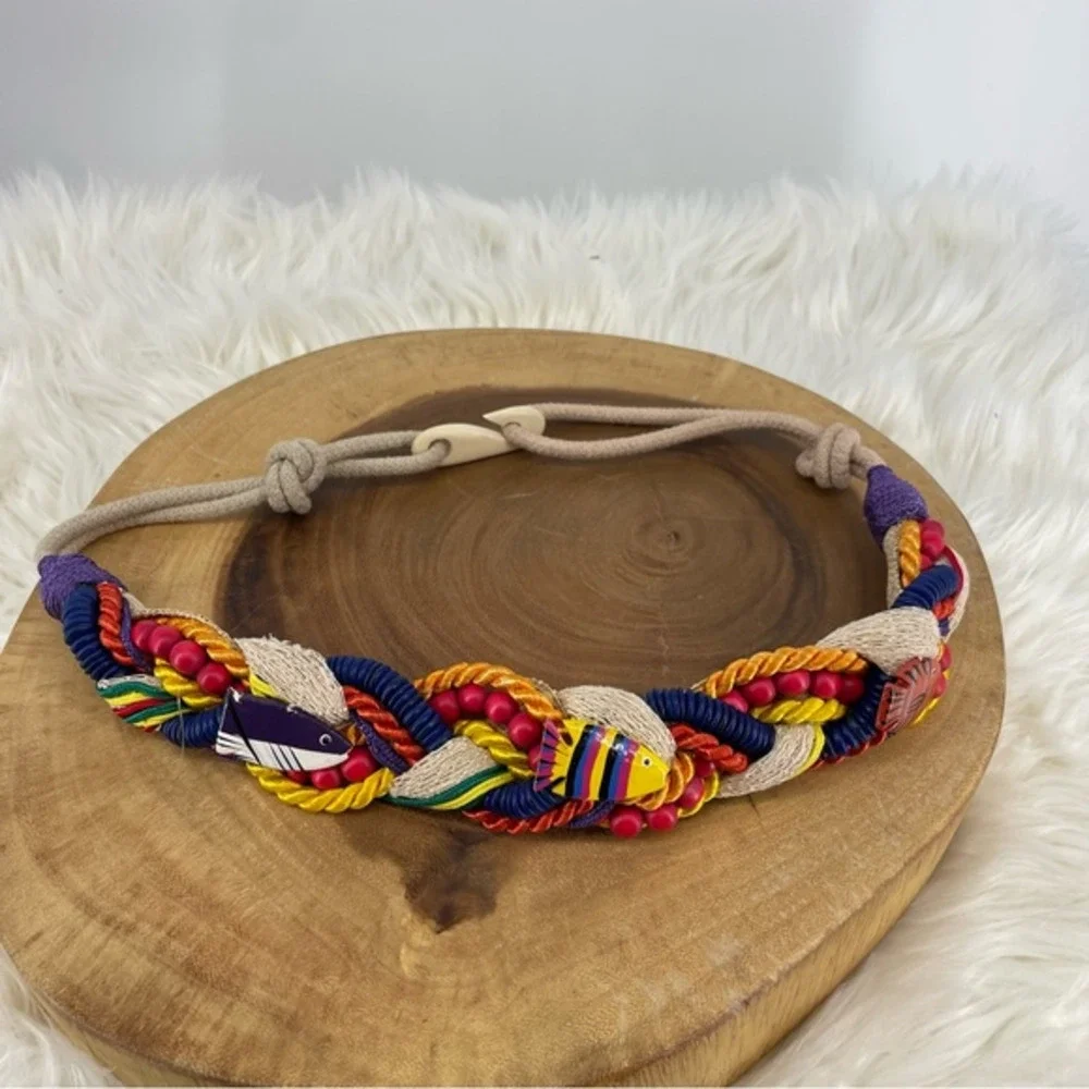 Vintage 80s 90s Beach Coral‎ Fish Wooden Rope Woven Waist Belt with Hook Loop M